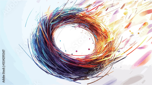 The image depicts an abstract circular vortex composed of numerous thin, brightly colored lines that radiate outward from the center.  The lines exhibit a range of colors including blues, purples,