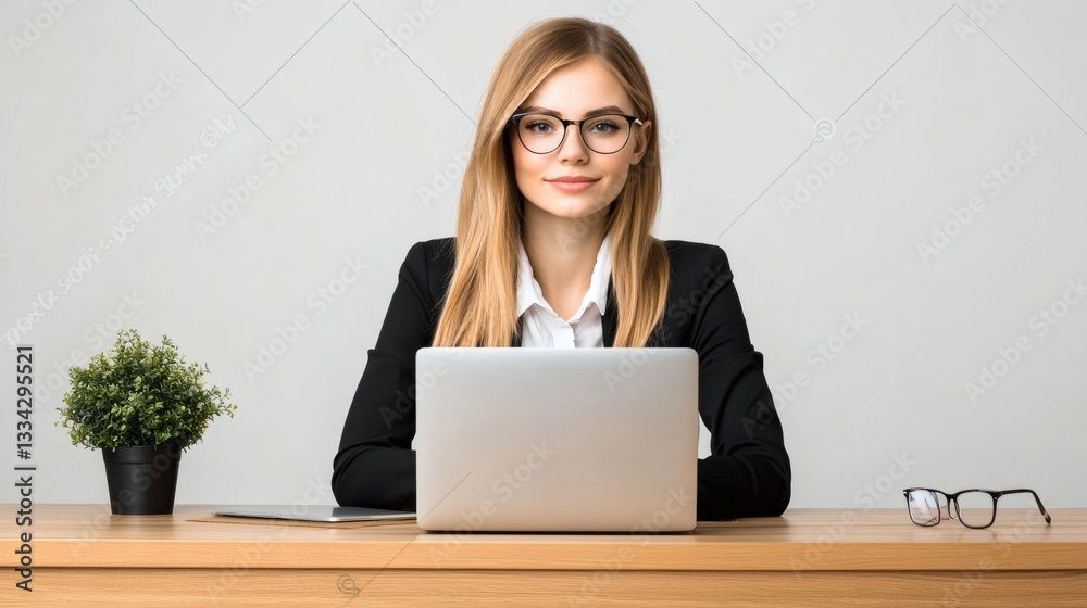 A professional looking woman seated in front of a computer A professional looking woman seated in front of a computer