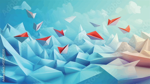 The image depicts an abstract landscape composed of numerous light blue and white polygonal shapes, creating a sense of depth and texture.  Smaller, red paper airplanes are scattered throughout the