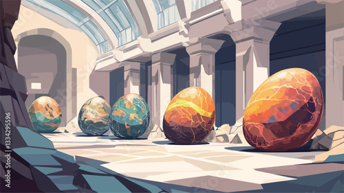 Digital painting depicting an interior scene of a grand hall with classical architecture. The hall features arched ceilings, numerous pillars, and a stone floor partially showing a rocky texture.
