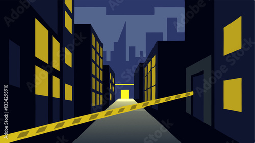 Quiet Alley A dark alley shadowed by tall buildings with yellow police tape strung across the entrance to the alley hinting at a mysterious occurrence inside.