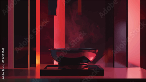 The image shows a dark-colored, seemingly metallic vessel emitting steam or smoke.  The vessel is centrally positioned against a backdrop of vertical, red-lit lines of varying intensities, creating