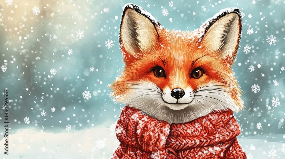 Obraz premium Winter fox dressed in knitted clothes comic art.