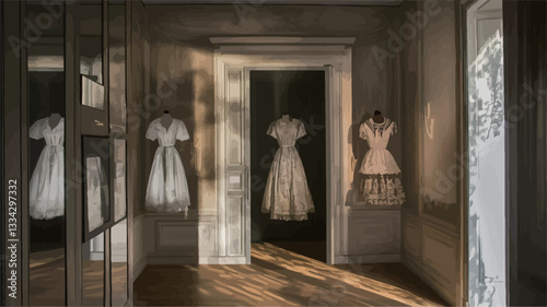 The image shows a hallway or corridor with a classic interior design.  The walls are a muted beige or taupe, and the floor is hardwood. Sunlight streams through a doorway, creating strong light and