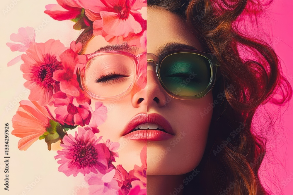 Fototapeta premium colorful woman portrait in watercolor style with flowers 