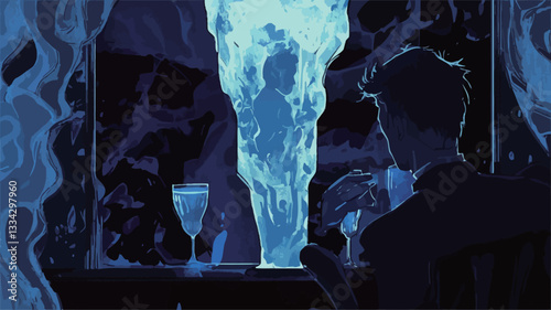 The image is a digital illustration depicting two dark silhouettes seated at a table with drinks.  Between them, a translucent, blue, hazy figure is visible. The overall color palette is dark blue