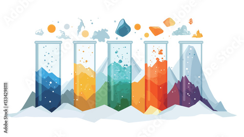 The image is a digital illustration depicting five test tubes filled with vibrantly colored liquids.  The liquids are shades of blue, yellow, green, orange, and purple.  Each test tube is