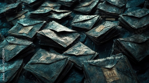 Pile of old, weathered, dark teal envelopes.