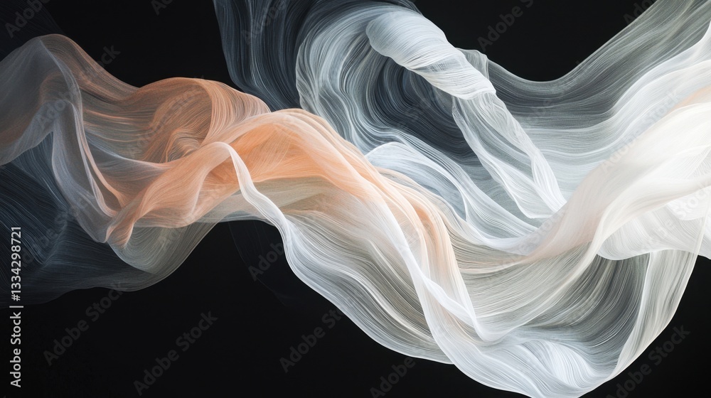 Fototapeta premium A delicate arrangement of translucent fabric undulates and twists, showcasing soft hues of white and peach. The light catches the flowing material, enhancing its ethereal quality
