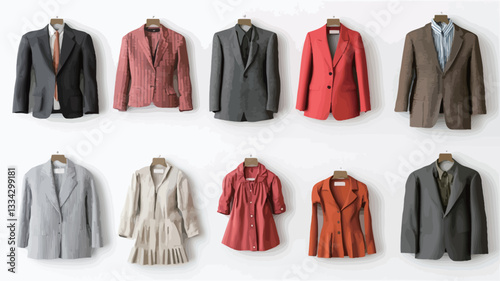 The image shows ten different blazers and jackets hanging on wooden hangers against a plain white background.  The jackets are arranged in two rows of five,  displaying a variety of colors