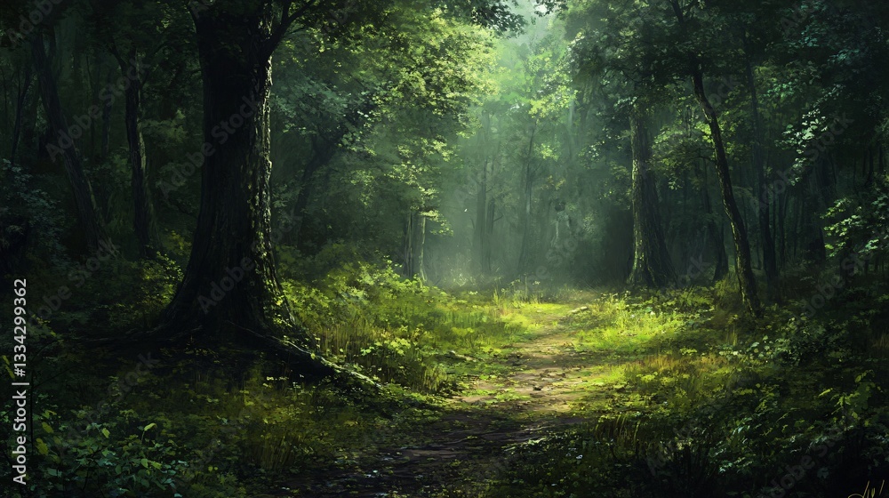 Fototapeta premium Serene Forest Landscape with Sunlight Filtering Through Trees - Nature Photography