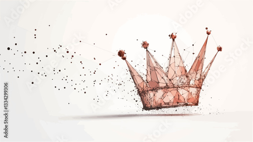 The image depicts a stylized crown rendered in a watercolor or paint-like style.  The crown is a reddish-brown hue and appears to be disintegrating or dissolving, with small particles scattering