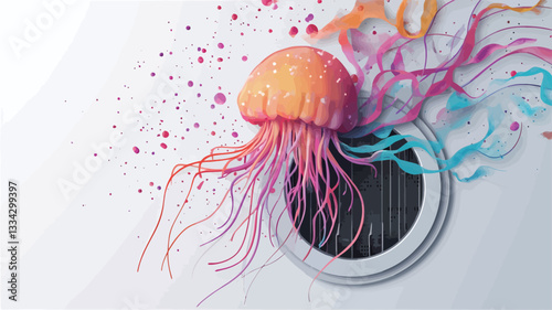 Close-up illustration of a jellyfish with long, flowing pink tentacles. The jellyfish is predominantly orange-yellow, with colorful, swirling paint-like streaks emanating from it and the