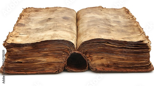 An ancient open book with weathered pages showing aged design