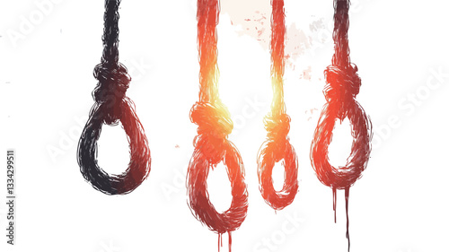 The image is an abstract illustration of multiple hanging nooses depicted as dark silhouettes against a background with red and orange brushstrokes suggesting a fiery or sunset effect.  The nooses