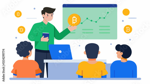 Educational Workshop A small classroom setting where an instructor explains cryptocurrency mining concepts to eager learners with charts and diagrams on a whiteboard to aid