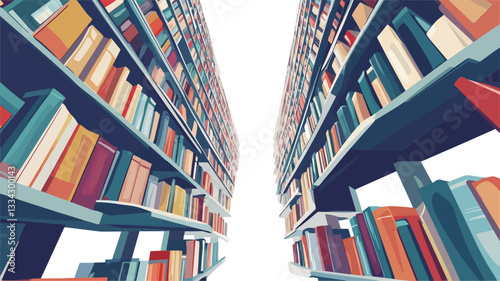 A stylized illustration depicting two rows of bookshelves receding into a vanishing point. The bookshelves are densely packed with colorful books, creating a vibrant and visually engaging image.