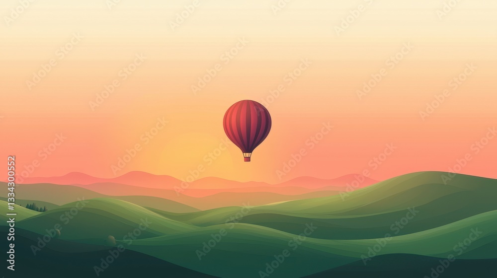 Fototapeta premium A vibrant hot air balloon floats gracefully over gentle green hills as the sun rises, casting a warm glow across the tranquil landscape and colorful sky