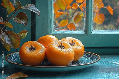 Four orange fruits are arranged on a decorative blue ceramic plate