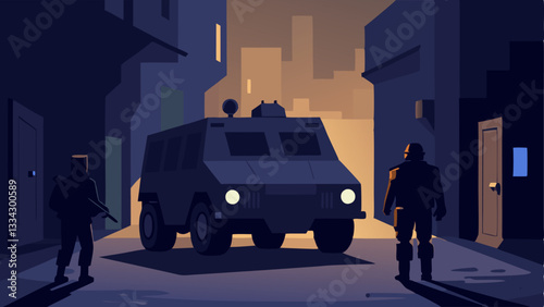 Safe Transport An armored vehicle pulling away from a dark alley with the silhouette of a witness inside flanked by two vigilant officers.