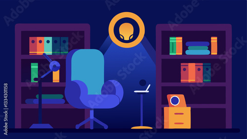 Gaming Setup A cozy gaming corner featuring a comfortable chair a microphone on a boom arm and a ring light with a backdrop of shelves filled with gaming collectibles.