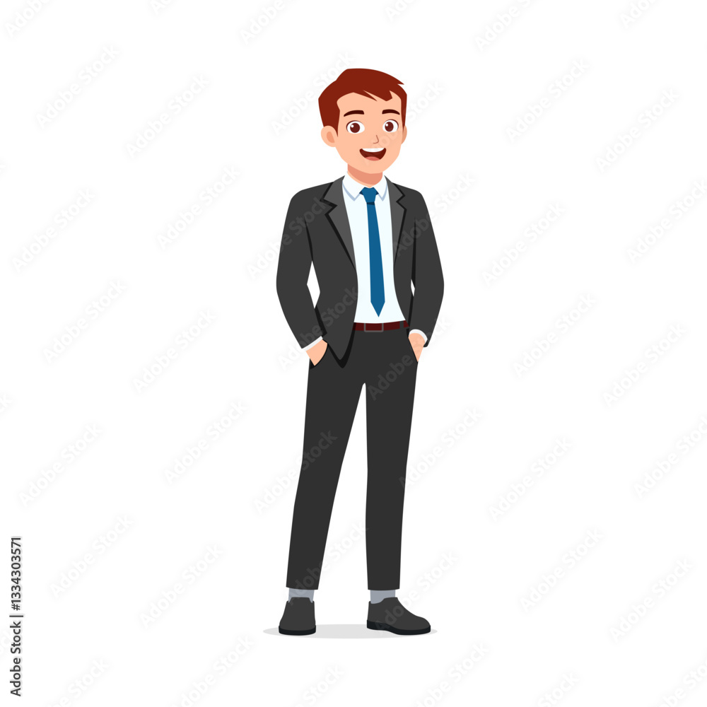 Full Body Portrait of Man in Suit Standing with Hands in Pockets and Smiling Full Body Portrait of Man in Suit Standing with Hands in Pockets and Smiling
