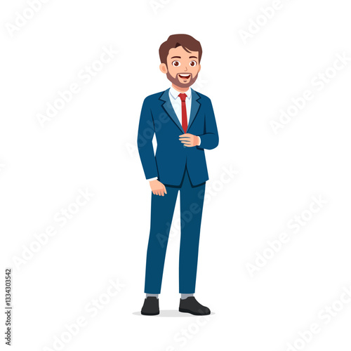 Full body portrait of a businessman in blue suit standing and smiling looking at camera
