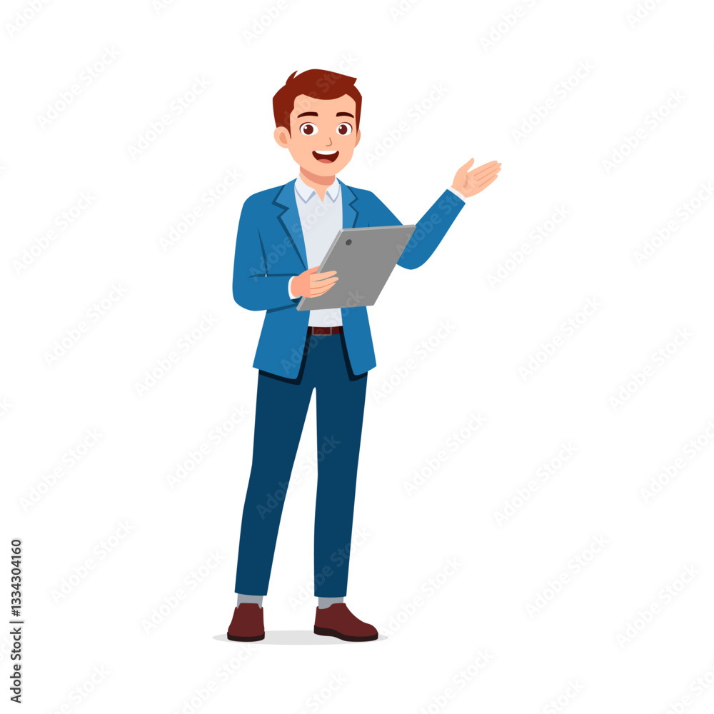 Man holding tablet explaining with hand gesture, full body view isolated on white background Man holding tablet explaining with hand gesture, full body view isolated on white background