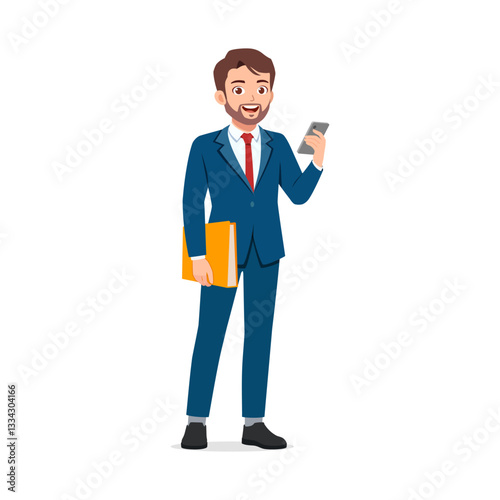A man in a suit holding a book and a phone in his hand with smile facial expression