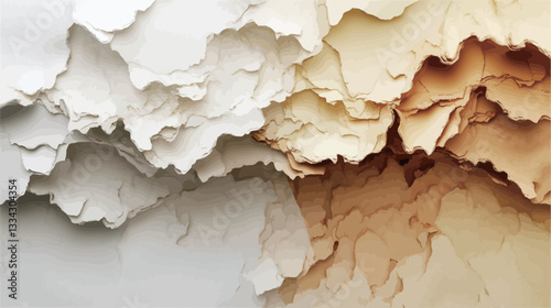 Close-up shot of an abstract paper sculpture. The image shows a textured surface composed of numerous layers of folded and sculpted paper.  The color palette is predominantly beige and white, with