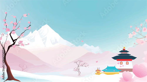 A digital illustration depicting a serene landscape. The scene features a snow-capped mountain range in the background, rendered in soft, pastel shades of pink and white.  In the foreground, there