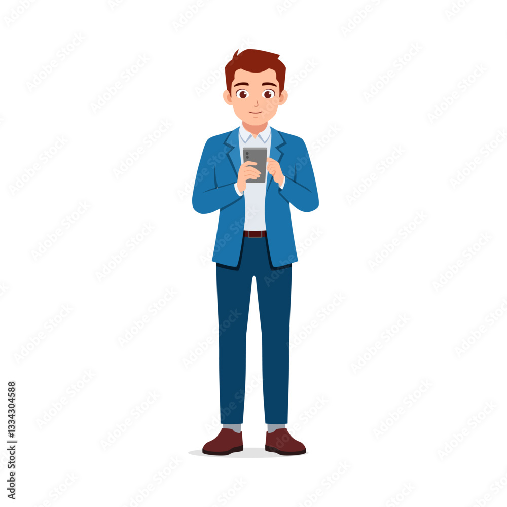 Man in Blue Blazer Using Smartphone Standing Upright with Digital Technology and Modern Communication Man in Blue Blazer Using Smartphone Standing Upright with Digital Technology and Modern Communication