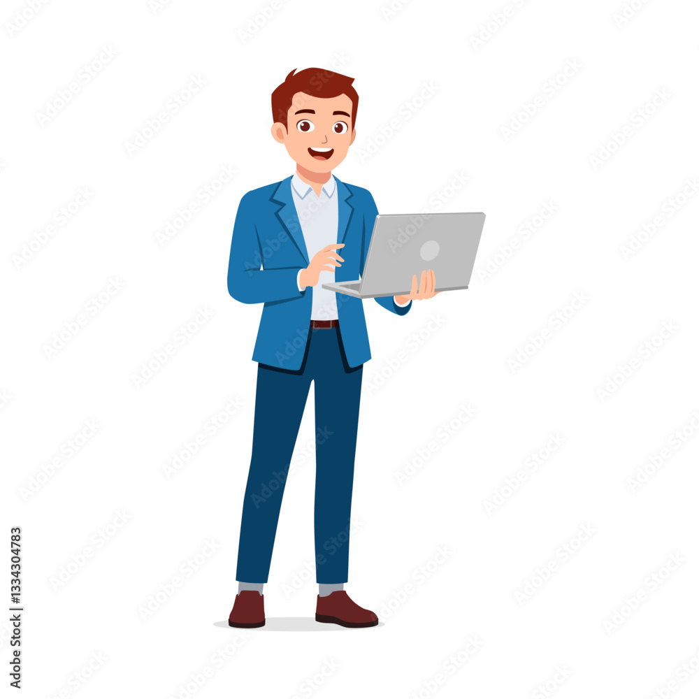 Man standing and holding laptop with happy expression in blue suit on isolated background Man standing and holding laptop with happy expression in blue suit on isolated background