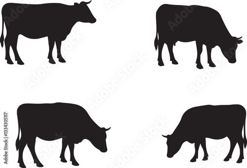 Cow silhouette. Cow vector illustration. Black cow and domestic milk cows. Farm animals isolated vector icons set.