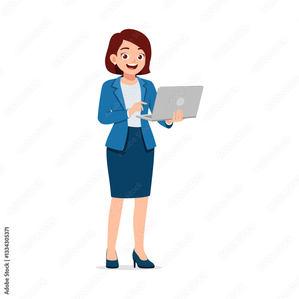 Businesswoman holding laptop and typing. Happy woman using computer. Professional woman at work. Businesswoman holding laptop and typing. Happy woman using computer. Professional woman at work.