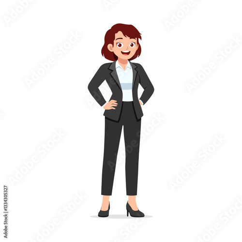 Confident Businesswoman Standing with Hands on Hips Wearing Suit and Smiling Expression