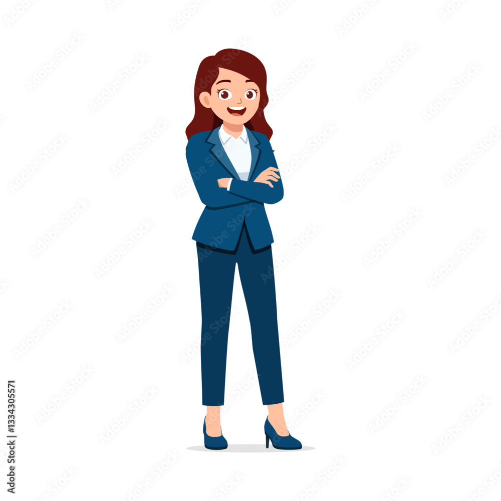 Smiling Businesswoman with Crossed Arms in Blue Suit Standing Confidently in Full Body Pose Smiling Businesswoman with Crossed Arms in Blue Suit Standing Confidently in Full Body Pose
