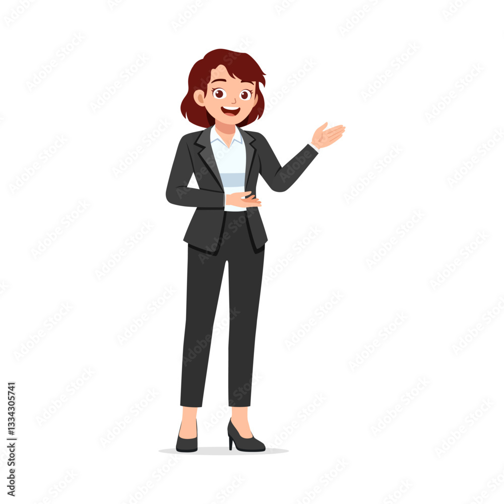 Businesswoman Presenting with Open Palm, Wearing Suit and Heels, Smiling at Full Length Businesswoman Presenting with Open Palm, Wearing Suit and Heels, Smiling at Full Length