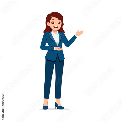Businesswoman presents information, Standing and gesturing with hand and a smile, full body