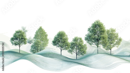 Digital illustration depicting a minimalist landscape.  Five stylized trees of varying heights are positioned on undulating, abstract hills. The hills are rendered in soft, flowing shades of light