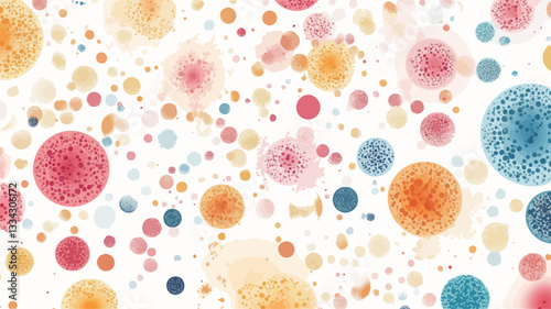 The image is a digital illustration featuring a dense arrangement of various sized circles in multiple colors on a white background.  The circles are predominantly pastel shades of pink, orange,