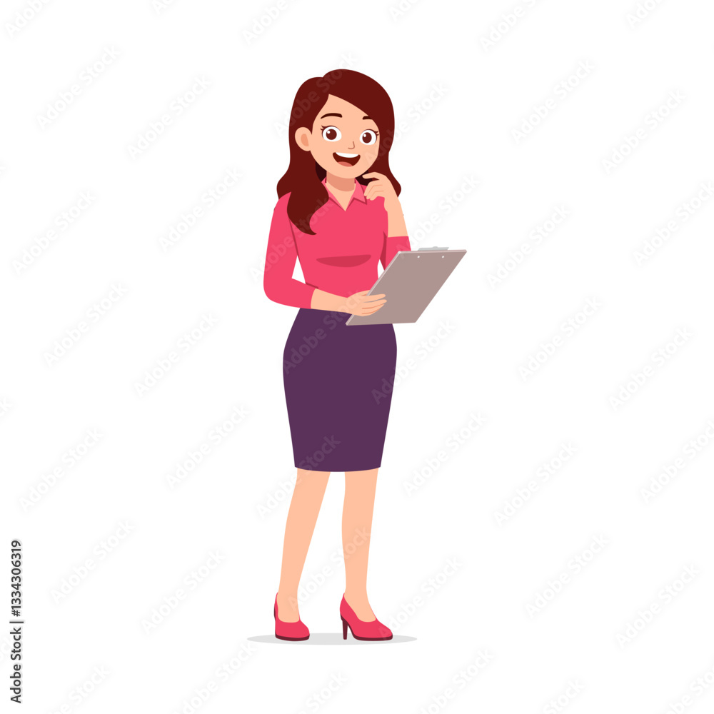 Woman Hold Clipboard Think and Smiling, Wearing Pink Shirt and Purple Skirt in Isolated White Woman Hold Clipboard Think and Smiling, Wearing Pink Shirt and Purple Skirt in Isolated White