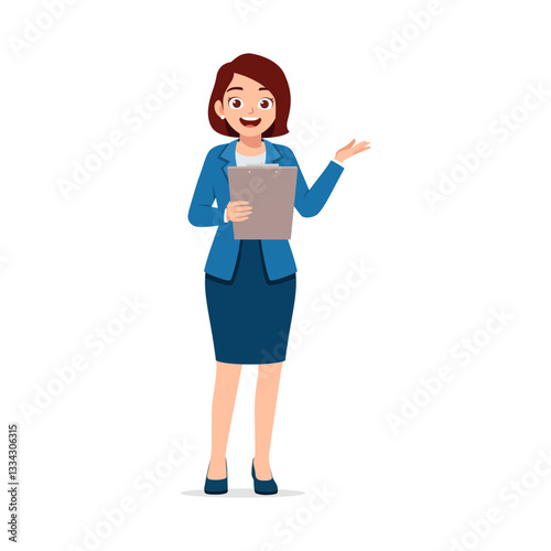 Businesswoman Holding Clipboard and Presenting with Open Hand in Blue Suit Outfit on White Background