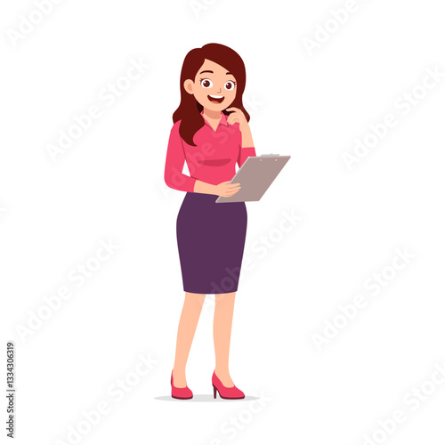 Woman Hold Clipboard Think and Smiling, Wearing Pink Shirt and Purple Skirt in Isolated White
