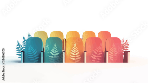 The image shows a stylized illustration of a small fence composed of multiple panels. Each panel features a gradient color transition, ranging from teal to orange-red, with a consistent fern leaf