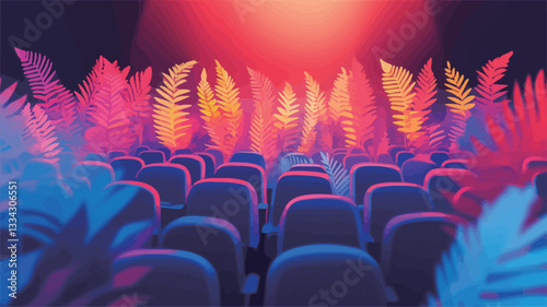 The image is a digital illustration depicting rows of empty cinema seats in a dark room. The seats are a dark blueish purple.  Bright neon-colored tropical leaves, in shades of pink, orange, and