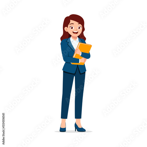 Smiling Woman Standing Holding Document in Dark Blue Suit with Cartoon Illustration Style
