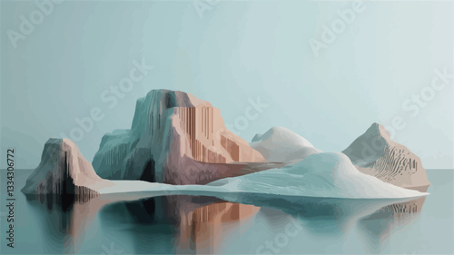 The image is a digital rendering depicting an abstract iceberg formation.  The iceberg is composed of pastel-colored, smooth, and seemingly soft shapes, resembling mountains or peaks. The colors