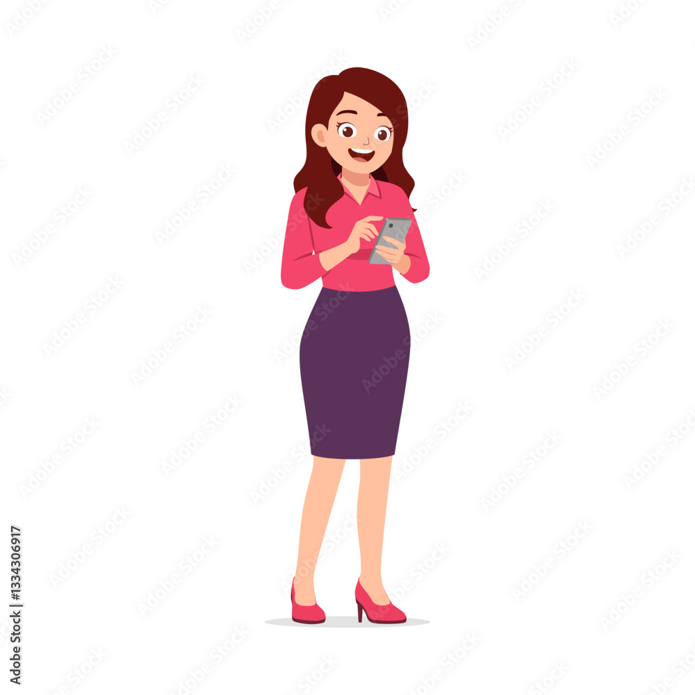 Woman stands and using phone with smiling expression, pink shirt and purple skirt Woman stands and using phone with smiling expression, pink shirt and purple skirt