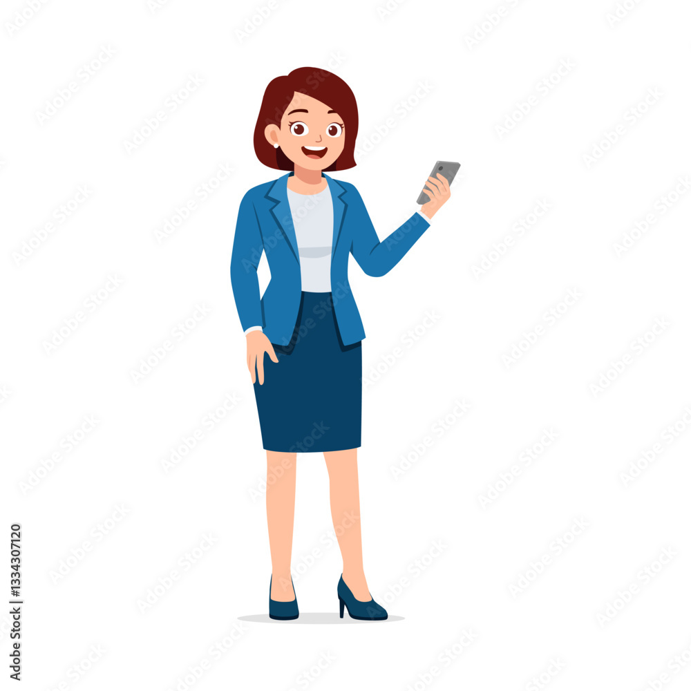 Cheerful Businesswoman in Blazer and Skirt Holding Mobile Phone with Smiling Expression Cheerful Businesswoman in Blazer and Skirt Holding Mobile Phone with Smiling Expression